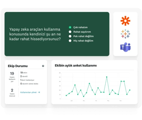 Yapay zeka araçlarını kullanma konusunda kendinizi ne kadar rahat hissettiğinize dair bir anket sorusu, yanında ekibin aylık anket kullanımını gösteren çizgi grafiği ve 19 lisans kullanıldığını ve mevcut 2 lisans olduğunu gösteren ekip durumu