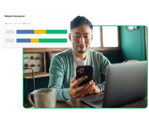 Telefonuna bakan bir kişi ve yanında müşteri deneyimi çubuk grafiğinin ekran görüntüsü