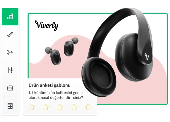 Kulaklıklar ve yanında “Ürünlerimizin kalitesini genel olarak nasıl değerlendirirsiniz?” sorusunun yer aldığı bir anket şablonunun ekran görüntüsü