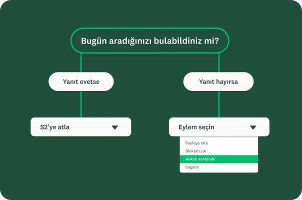 Yanıta göre soruları atlamaya veya anketi sonlandırmaya yönelik koşullu mantığı gösteren bir akış şeması.