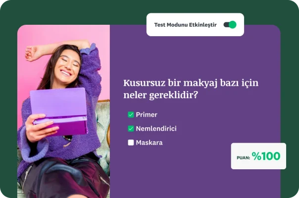 Gülümseyen bir kadın ve yanında %100 puanı ile çoktan seçmeli güzellik testini “Test Modunda” gösteren bir ekran.