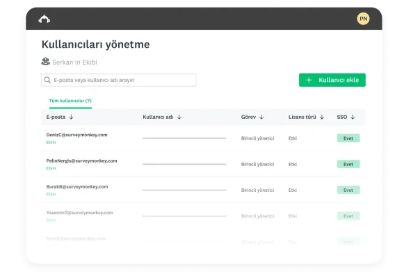SurveyMonkey'in "Kullanıcıları yönetme" ekranı