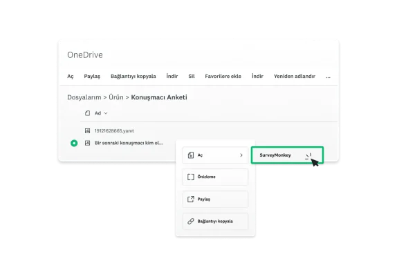 OneDrive'ı kullanarak anket verileri paylaşan bir kullanıcı hesabının ekran görüntüsü