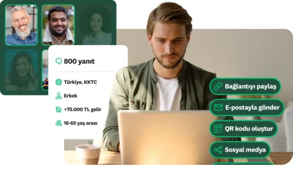 Dizüstü bilgisayarında çalışan bir adam ile sol tarafında, hedeflenen yanıtlayanların demografik bilgilerini gösteren bir pencere ve sağ tarafında bağlantı, e-posta, QR kodu, sosyal medya aracılığıyla anket paylaşma seçenekleri.