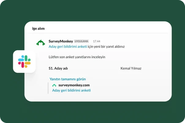 SurveyMonkey aday geri bildirimi anketine gelen yeni bir yanıtı gösteren Slack bildirimi.