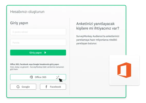 Microsoft 365 üzerinden SurveyMonkey'de tek oturum açma özelliklerini gösteren ekran görüntüsü