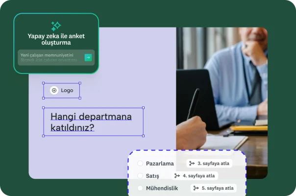 Bir adayla yapılan iş görüşmesi ve altında departman seçimine yönelik koşullu atlama mantığını gösteren bir anket ekranı.