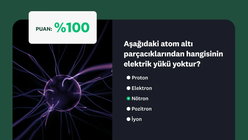 Plazma küresi arka planı üzerinde, atom altı parçacıklarla ilgili bir çoktan seçmeli bilim testi sorusunun yer aldığı ve kullanıcının %100 skor elde ettiği bir görsel.