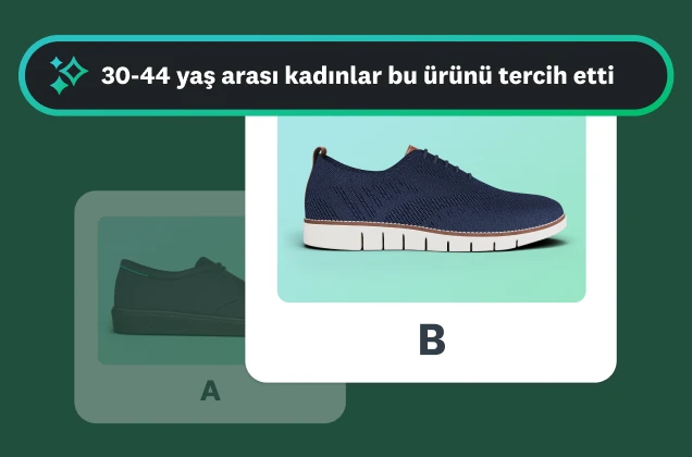 A ve B olarak etiketlenmiş iki farklı spor ayakkabının fotoğrafı ve 30-44 yaş arası kadınların B ürününü tercih ettiğine dair bir görüş