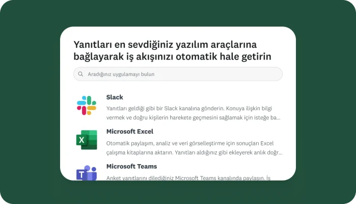 Slack, Microsoft Excel ve Microsoft Teams dahil olmak üzere çeşitli SurveyMonkey entegrasyonlarının ekran görüntüsü