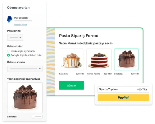 Pasta sipariş formu ekran görüntüsü ile yanında SurveyMonkey için PayPal entegrasyonu modülü