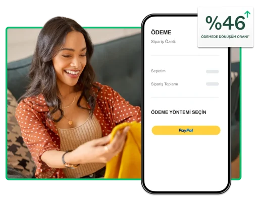 Telefonuna bakan kadın ile yanında PayPal kullanma seçeneği sunulan ödeme sayfası ekran görüntüsü