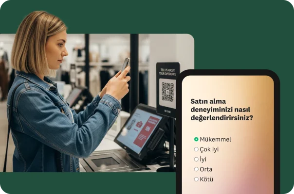 Bir süpermarket kasasında telefonuyla QR kodu tarayan bir kadın ve yanında "Bugünkü satın alma deneyiminizi nasıl değerlendirirsiniz?" anket sorusu