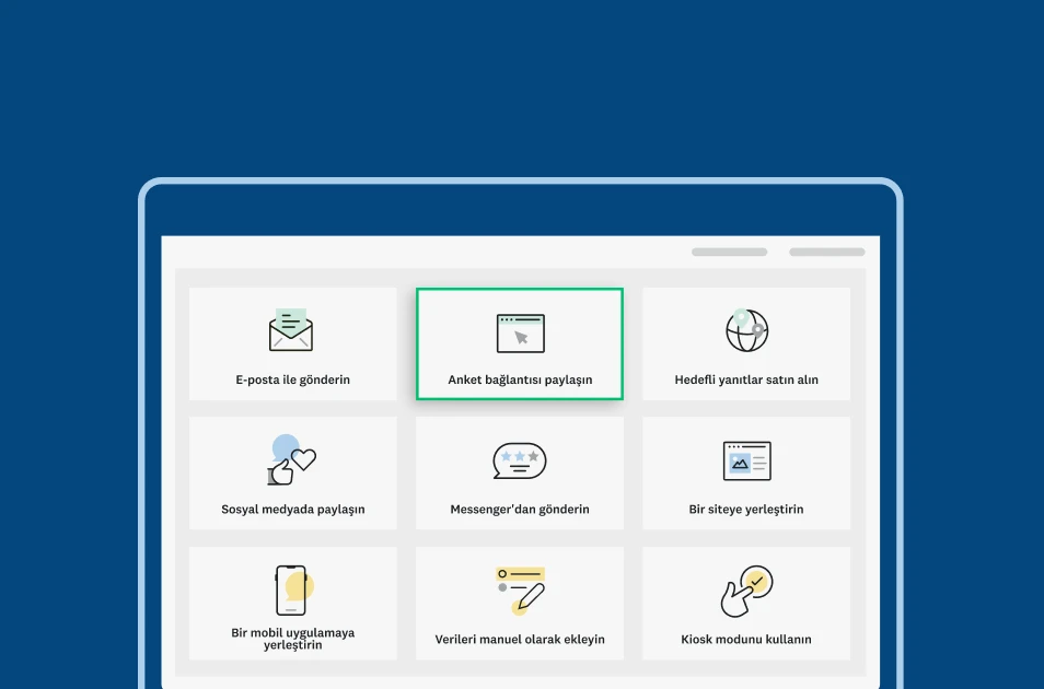Farklı anket paylaşma seçeneklerini gösteren SurveyMonkey sayfasının ekran görüntüsü