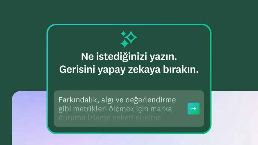 "Ne istediğinizi yazın. Gerisini yapay zekaya bırakın." başlıklı pencerenin yer aldığı bir görsel. Örnek istek metninde "Farkındalık, algı ve değerlendirme gibi metrikleri ölçmek için marka durumu izleme anketi oluştur" yazıyor.