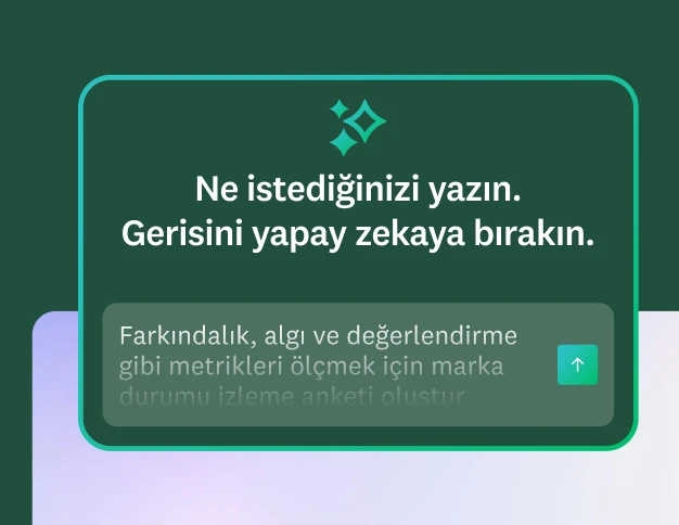 "Ne istediğinizi yazın. Gerisini yapay zekaya bırakın." başlıklı bir metin kutusu görseli. İçindeki örnek istek metninde "Farkındalık, algı ve değerlendirme gibi metrikleri ölçmek için marka durumu izleme anketi oluştur" yazıyor.
