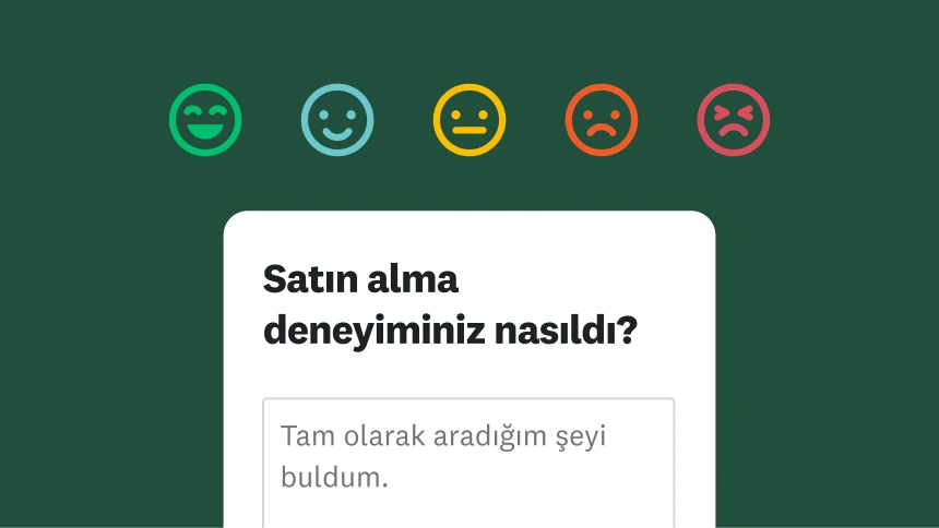 Gülümsemeden somurtmaya kadar 5 farklı emoji yüzü, altında &quot;Satın alma deneyiminiz nasıldı?&quot; sorusu ve &quot;Tam olarak aradığım şeyi buldum&quot; ifadesinden oluşan bir yanıt