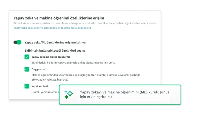 SurveyMonkey'de yapay zeka ve makine öğrenimi özelliklerini etkinleştiren bir kullanıcının ekran görüntüsü