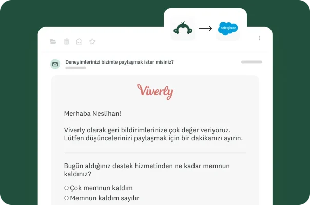 “Viverly” tarafından gönderilen ve “Merhaba Neslihan!” hitabıyla başlayan kişiselleştirilmiş bir e-posta daveti. E-postada, alınan destekle ilgili geri bildirim isteniyor. Yukarıda ise SurveyMonkey logosundan Salesforce logosuna aktarılan verileri gösteren bir ok yer alıyor.