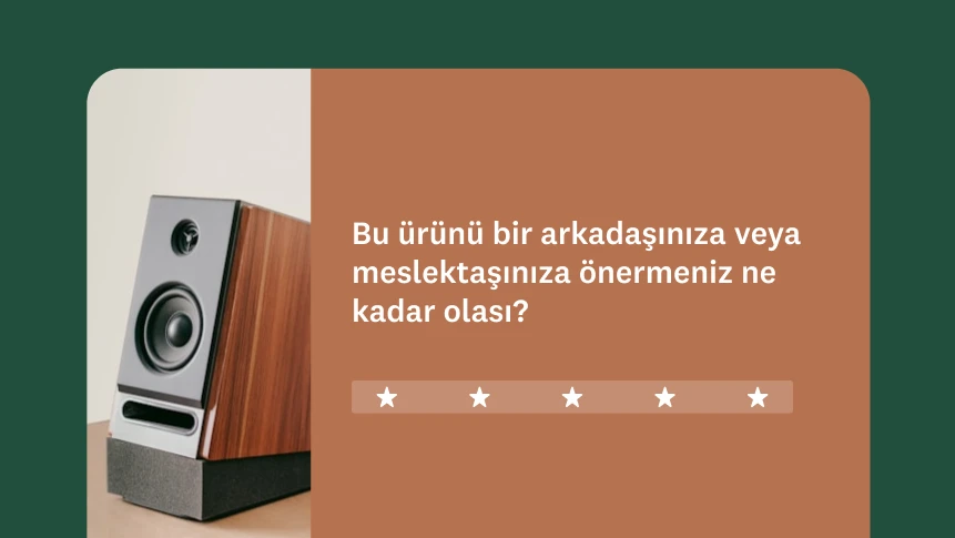 Ürün önermeyle ilgili bir anket, solunda bir hoparlör görüntüsü ve altında beş yıldızlı bir değerlendirme.