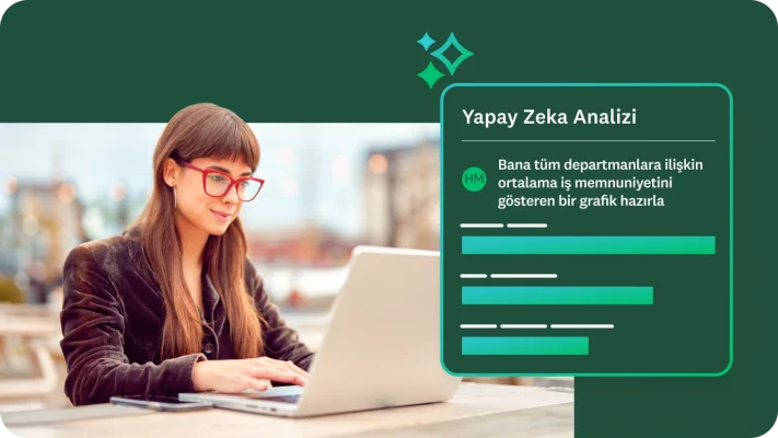 Dizüstü bilgisayarında çalışan kırmızı gözlüklü bir kadın. "Yapay Zeka Analizi" başlığının ve altında "Bana tüm departmanlara ilişkin ortalama iş memnuniyetini gösteren bir grafik hazırla" yazılı istek metni ile verileri temsil eden bir dizi yatay çubuğun yer aldığı bir pencere.