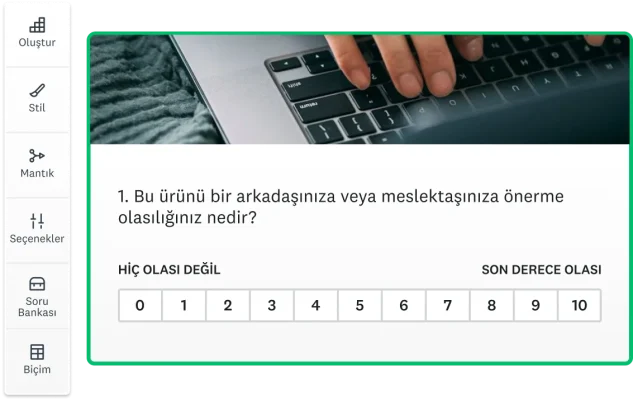 Bir ürünü tavsiye etme olasılığınızın ne kadar olduğunu soran Likert ölçekli bir anket sorusunun ekran görüntüsü