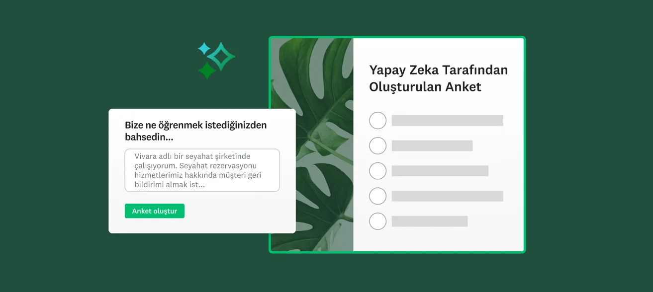 Yapay zeka ile oluşturulan bir anketin ve anket oluşturmak için kullanıcıdan istek metni yazmasını isteyen bir metin kutusunun ekran görüntüsü