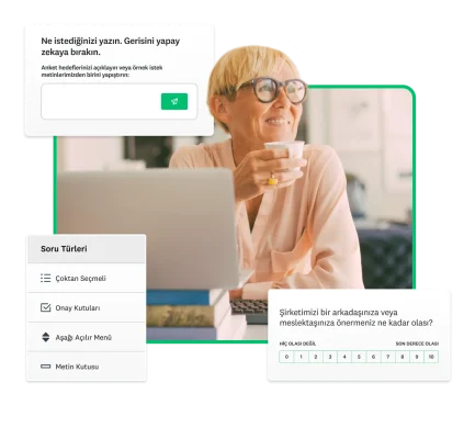 Açık diz üstü bilgisayarının karşısında kahve içerek gülümseyen bir kişi ve yanında SurveyMonkey ürününden çeşitli ekran görüntülerinin ekran görüntüsü
