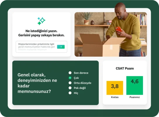 Kullanıcıya bir istek metni yazıp gerisini yapay zekaya bırakmasını söyleyen kalıcı iletişim kutusu, "Müşterilerimizden şirketimizle ilgili genel memnuniyetleri hakkında geri bildirim toplamak istiyorum." ifadesini içeren metin girdisi, yanında "Genel olarak, deneyiminizden ne kadar memnunsunuz?” anket sorusu ve onun yanında puanınızı bir kıstasla karşılaştırmalı olarak gösteren CSAT puanı çubuk grafiği