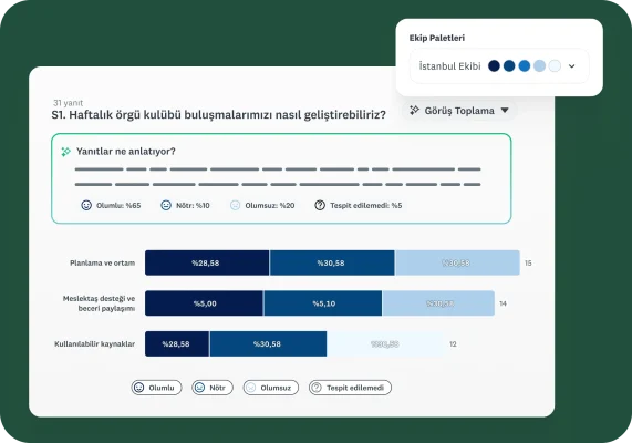 Bir anket sorusuna ilişkin analiz sonuçlarını ve yanıtlayanların ne düşündüğünü gösteren çubuk grafikler