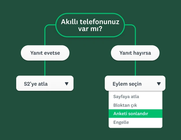 Akıllı telefon sorusuna "hayır" yanıtını vermenin "Sayfaya atla", "Anketi sonlandır" ve "Engelle" seçeneklerini içeren bir aşağı açılır menüyü açtığı gelişmiş anket mantığını gösteren bir akış şeması.