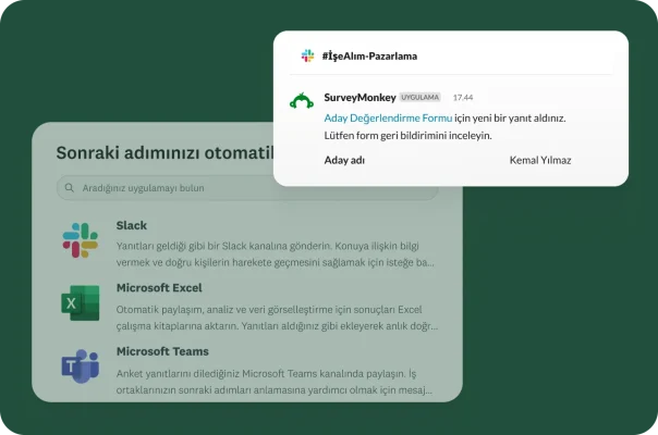 SurveyMonkey'den yeni bir form yanıtıyla ilgili olarak gönderilen bir Slack bildirimini gösteren ekran görüntüsü. Alt kısımda Slack, Microsoft Excel ve Microsoft Teams ile entegrasyon seçeneklerini gösteren bir menü var.