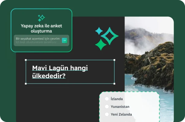 Mavi Lagün'ün bir fotoğrafı ile yanında seyahat testi sorusu ve test oluşturmaya yönelik istek metni.