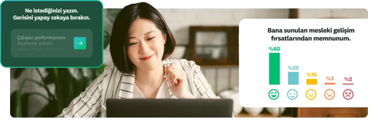 Masa başında dizüstü bilgisayara bakan bir kadın, solunda yapay zeka istek metniyle ilgili bir açılır pencere, sağında ise bir anket grafiği.