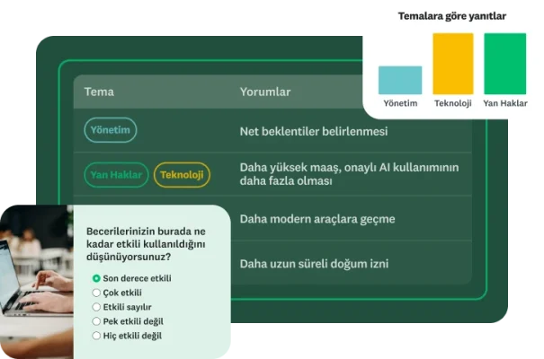 Dizüstü bilgisayarında bir şeyler yazan bir kişi ile yanında bir anket sorusu ve temalara göre gruplandırılmış yanıtlar.
