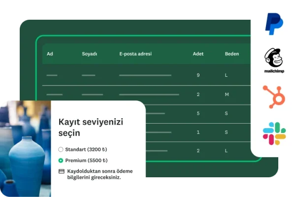 Etkinlik kaydı seçeneklerini gösteren bir ekran, katılımcı verilerini içeren bir tablo ve entegrasyon logoları.