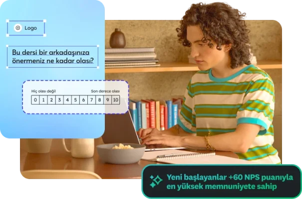 Dizüstü bilgisayara bakan bir kişi ve yanında ders önerisi anketi ile NPS puanı ölçeği.