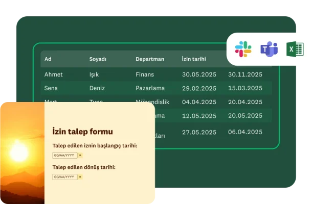 Talep edilen iznin başlangıç ve bitiş tarihlerini soran izin talep formu şablonu ve yanında çeşitli çalışanların adlarını ve talep ettikleri izin tarihlerini gösteren bir tablo