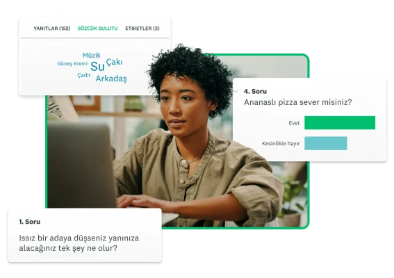 Bilgisayar ekranına bakan bir kadın ve çevresinde oylama sorusu ekran görüntüleri
