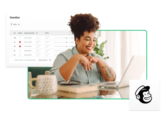 Masa başında oturmuş dizüstü bilgisayarına bakan bir kadın ve etrafında Mailchimp logosu ile ürün ekran görüntüsü