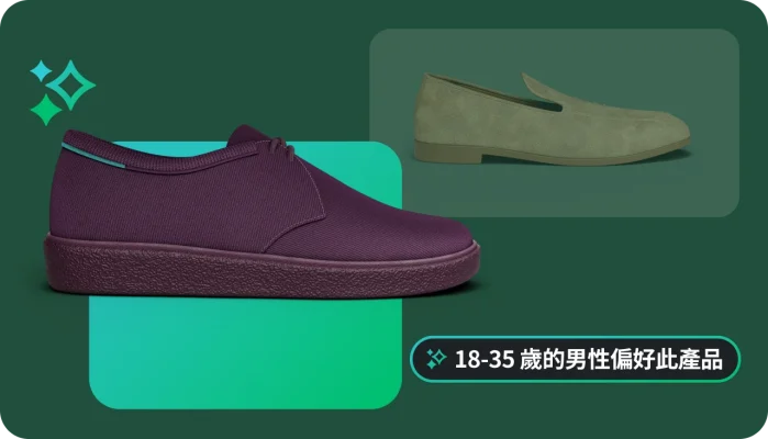 顯示兩隻不同鞋子的圖形。一個圖說文字方塊會顯示:「18-35 歲的男性偏好此產品」,指明人口統計資料見解。