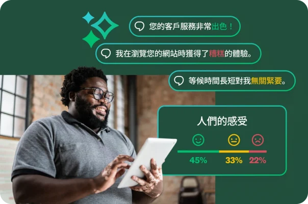 一位留著鬍鬚戴著眼鏡的男士正在看平板電腦。重疊式對話提示方塊,顯示「您的客戶服務非常出色!」和「我在瀏覽您的網站時獲得了糟糕的體驗」等客戶意見反應。下方有個以百分比顯示情緒細項的圖形。