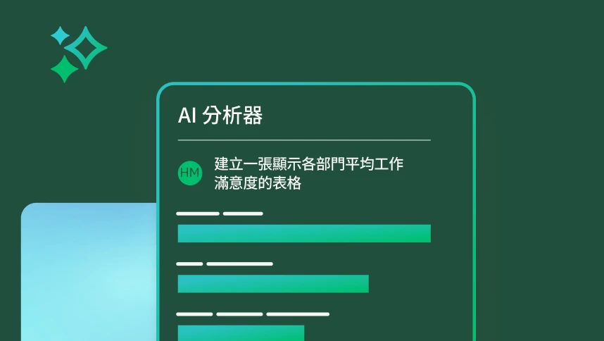 螢幕畫面上顯示輸入 AI 分析工具的提示，要求 AI 生成一張以部門分組的平均工作滿意度表格。