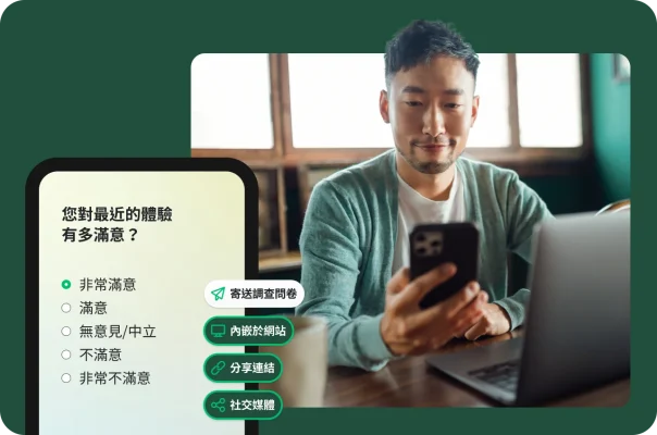 一位男士正在使用手機,上面顯示了滿意度調查問卷和分享選項畫面。