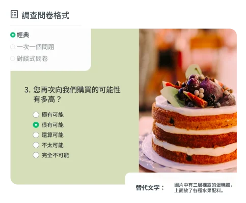 調查問卷畫面呈現蛋糕的圖片和替代文字,旁邊有調查問卷格式選項 (典型問卷、一次一個問題、對談式問卷)。