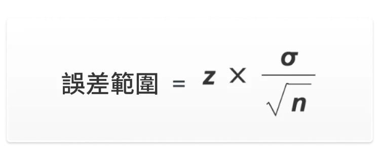 誤差範圍的公式是 z 分數成以母體標準差,再除以樣本大小的平方根