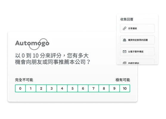 NPS 調查的產品螢幕截圖及寄送方式。