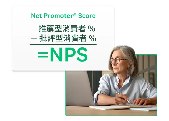 Net Promoter Score 的計算。推薦型消費者的百分比減掉批評型消費者的百分比就等於您的 NPS。