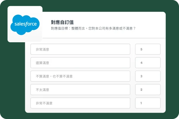 顯示如何將滿意度調查問卷問題之自訂值對應至 Salesforce 內之欄位的畫面。