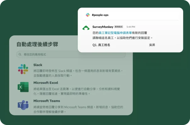 來自 SurveyMonkey 的 Slack 通知,告知員工筆記型電腦申請表單有新回覆